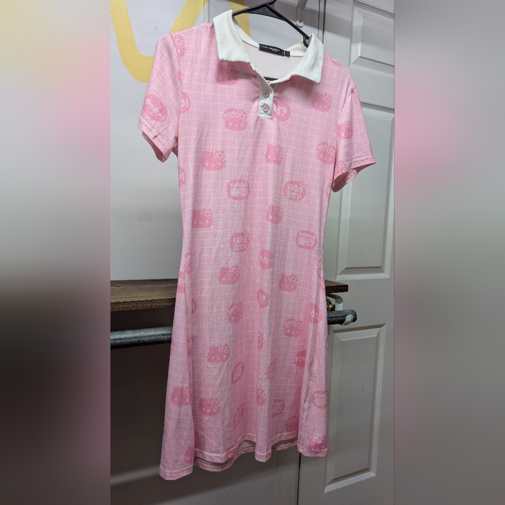 Hello Kitty Pink and White Womens Collared Dress